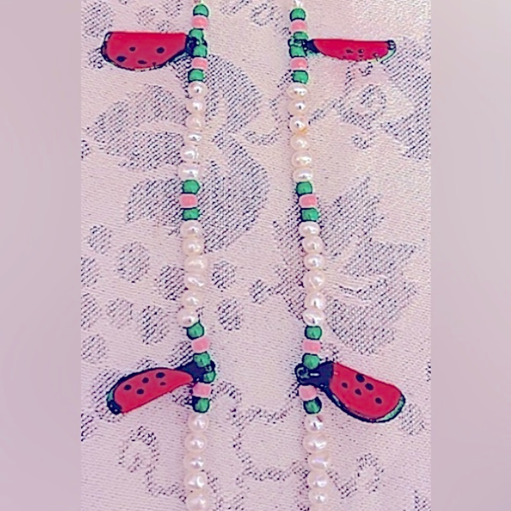 Freshwater Pearls, 🍉Glass watermelons, pink & green beads  necklace nwot 18”